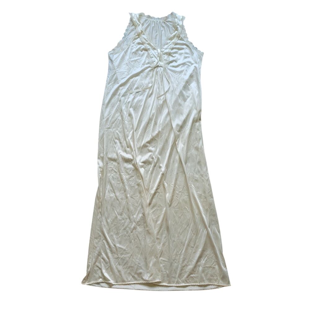 Vintage Long Nightgown Coquette Womens S* Cream White Pink Ribbons Bow Lace